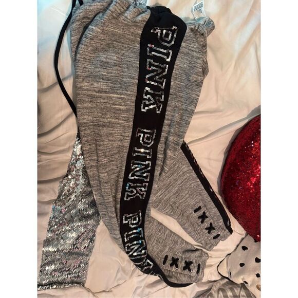 Vs Victorias secret PINK logo sequin bling lace up  sweatpants joggers sz X smal - Picture 3 of 5
